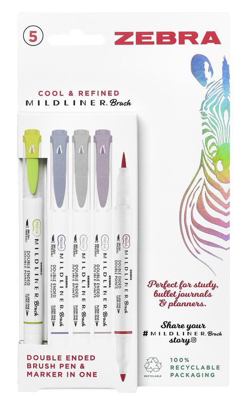 Zebra Mildliner Double-Ended Brush Pens – Assorted Cool & Refined Shades, Pack of 5