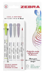 Zebra Mildliner Double-Ended Brush Pens – Assorted Cool & Refined Shades, Pack of 5