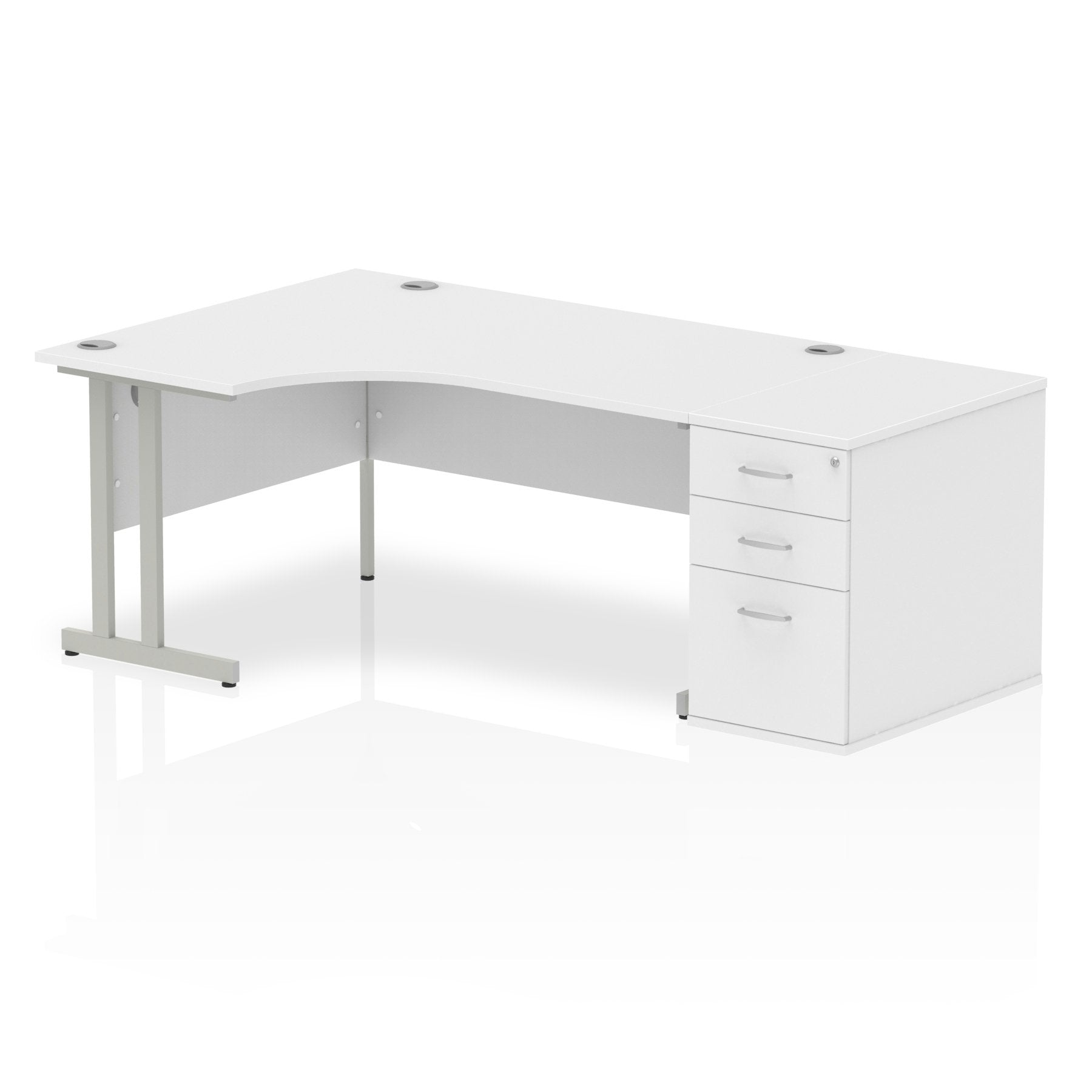 Dynamic Impulse 1600mm Left Crescent Desk White Top Silver Cantilever Leg Workstation 800mm Deep Desk High Pedestal Bundle I000562 DD