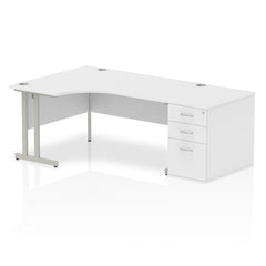 Dynamic Impulse 1600mm Left Crescent Desk White Top Silver Cantilever Leg Workstation 800mm Deep Desk High Pedestal Bundle I000562 DD
