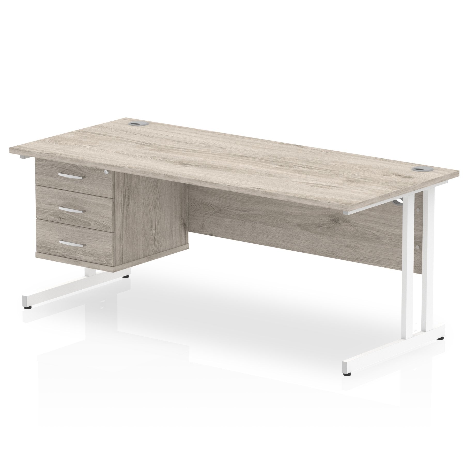 Dynamic Impulse W1800 x D800 x H730mm Straight Office Desk Cantilever Leg With 1x3 Drawer Single Fixed Pedestal Grey Oak Finish White Frame - I003522 DD