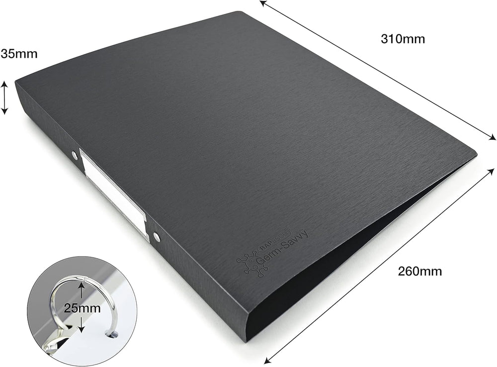 Rapesco Germ-Savvy® Antibacterial: A4 (2-Ring) PP Ring Binder, 35mm Spine – Black (1 Unit = 4 Binders)