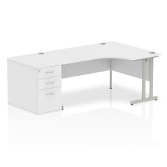 Dynamic Impulse 1600mm Right Crescent Desk White Top Silver Cantilever Leg Workstation 800mm Deep Desk High Pedestal Bundle I000574 DD