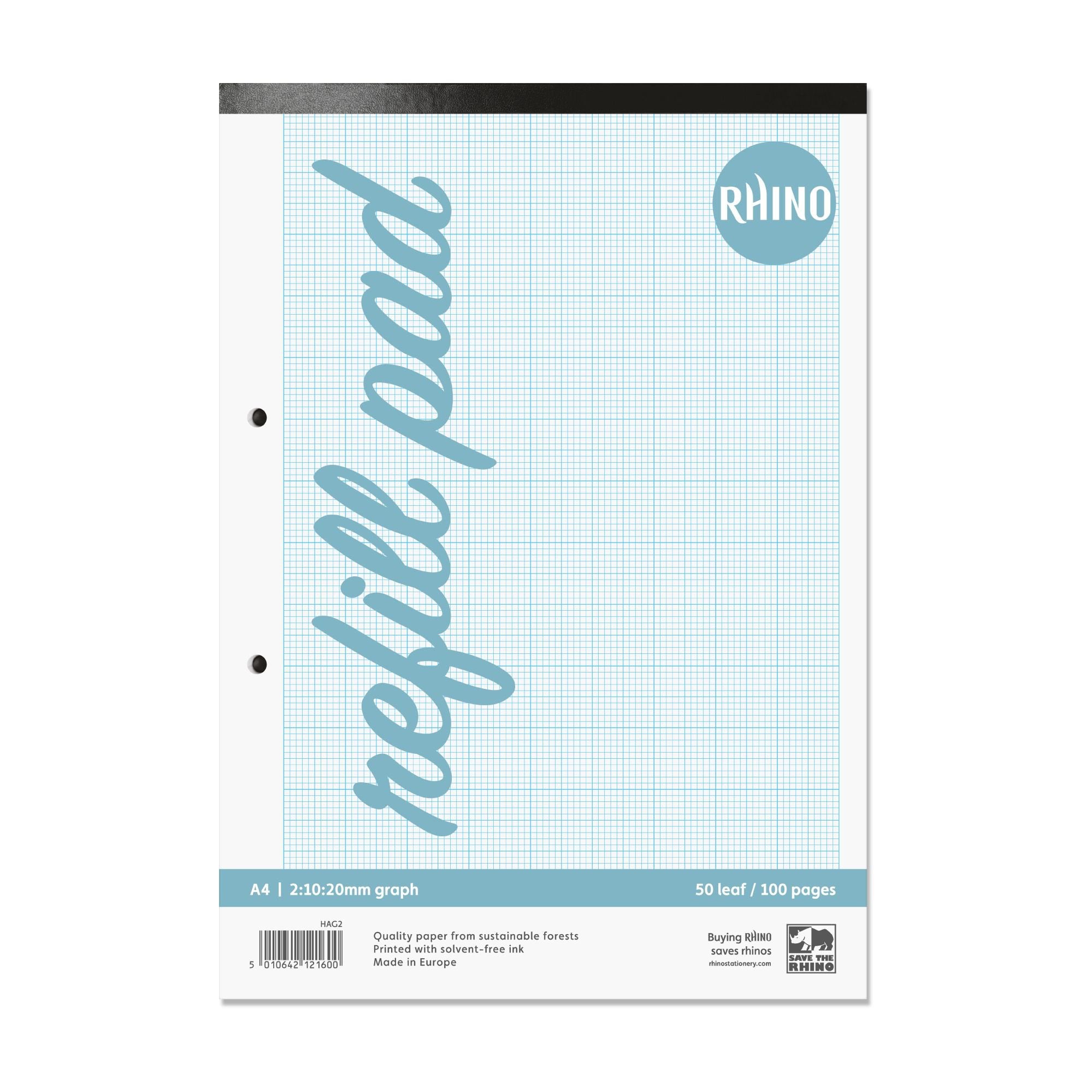 Rhino A4 Graph Pad 100 Page 20mm 2:10:20 Graph Ruling and Plain Reverse Pages (Pack 6) - HAG2-6 DD