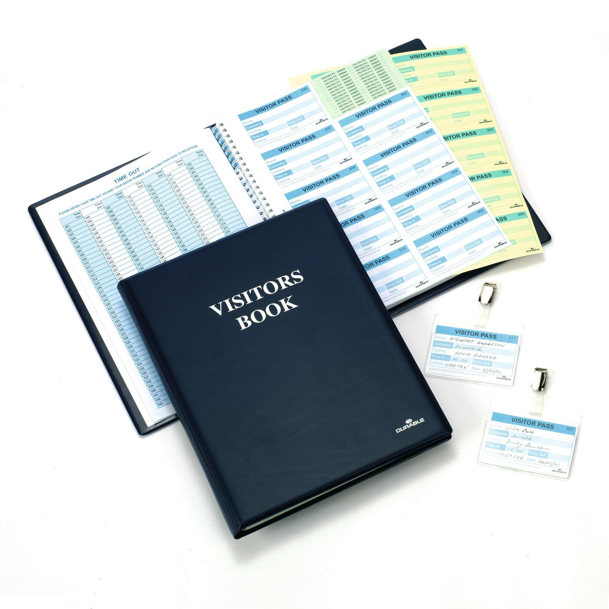 Durable GDPR Compliant Visitor Book 300 Blue Leather Look Front Cover With 300 Perforated 90x60mm Visitor Badge Inserts + FREE Badge Holders - 146500