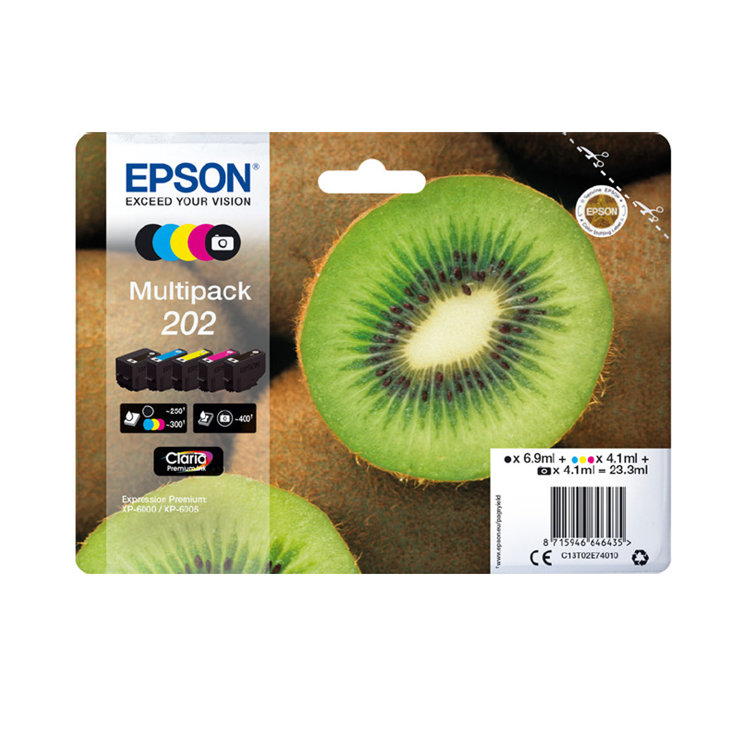 Epson 202 Kiwi Black Photo Black Cyan Magenta Yellow Standard Capacity Ink Cartridge Multipack 7ml + 4 x 4ml (Pack 5) - C13T02E74010