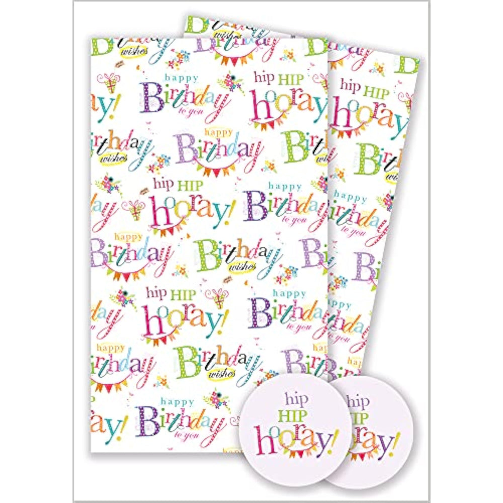Happy Birthday Text Gift Wrap 2 Sheets & 2 Tags