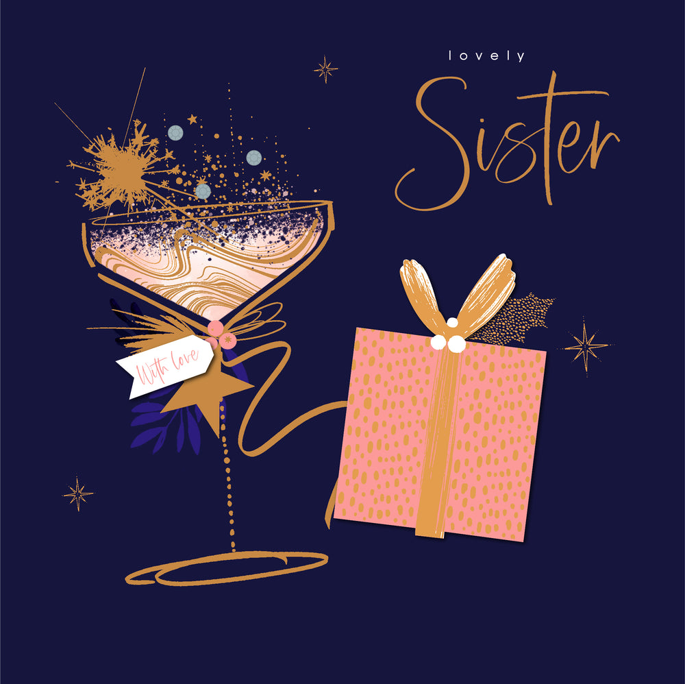 Midnight Lustre Sister Christmas Card – Wine Glass & Present Festive Design