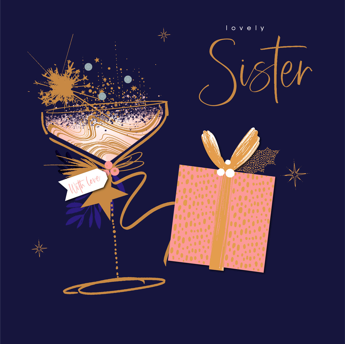 Midnight Lustre Sister Christmas Card – Wine Glass & Present Festive Design