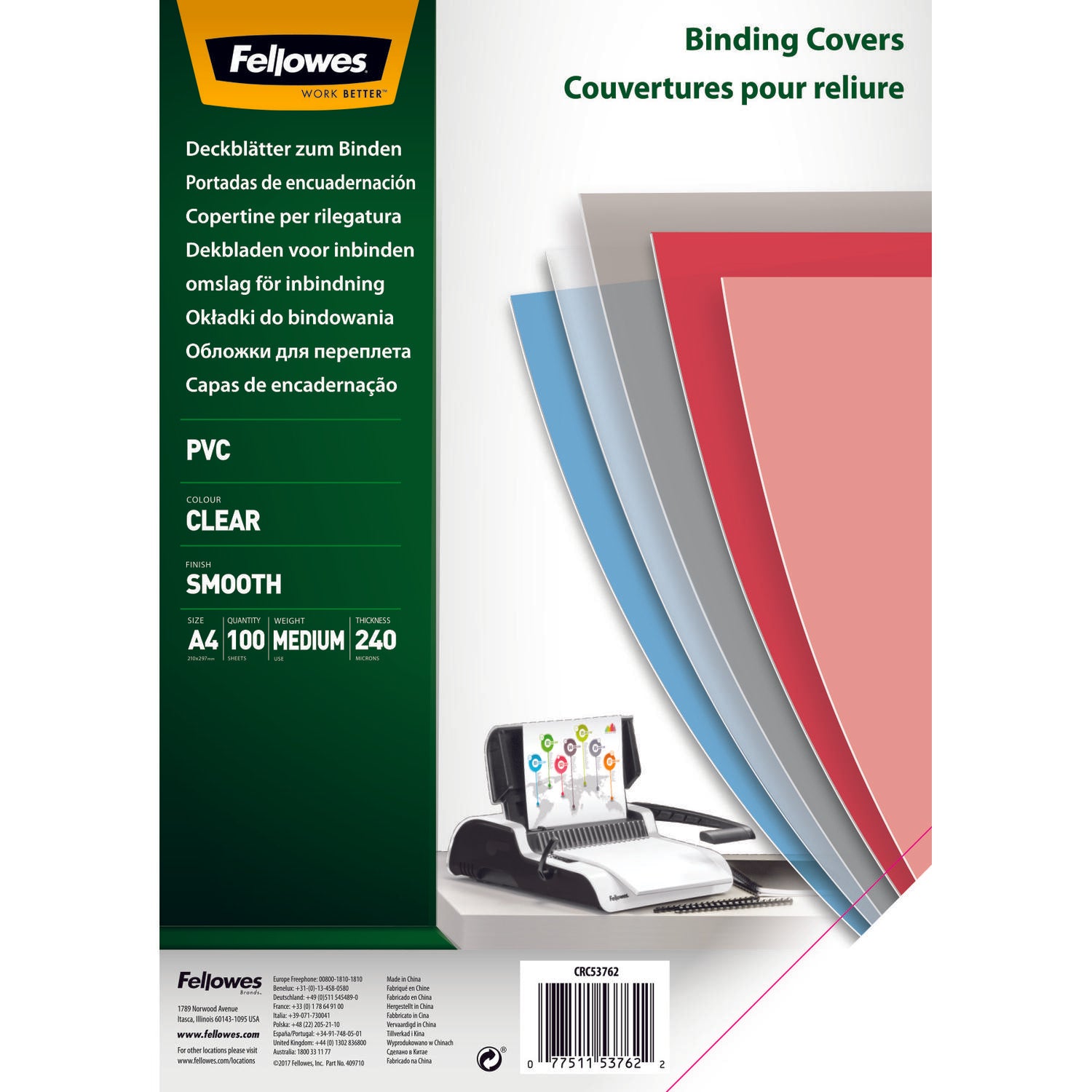 Fellowes Binding Cover PVC A4 240 Micron Clear (Pack 100) 53762