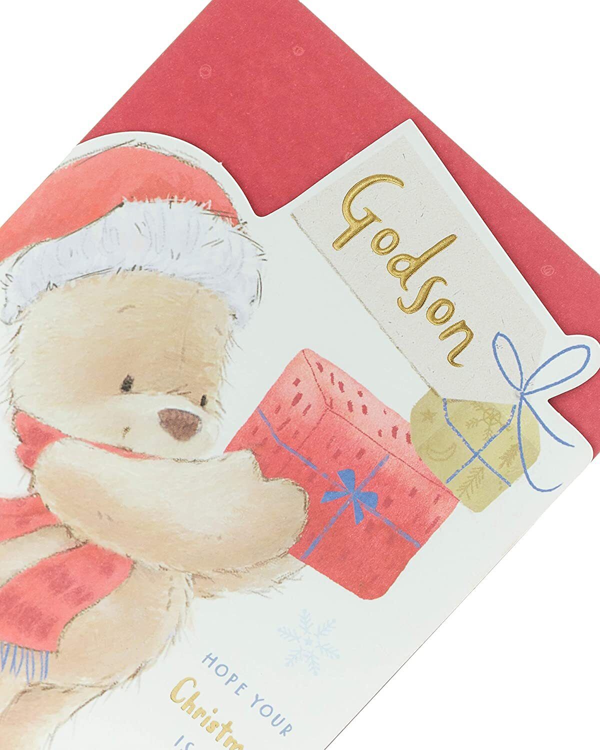Teddy Bear with Present Design Godson Christmas Card