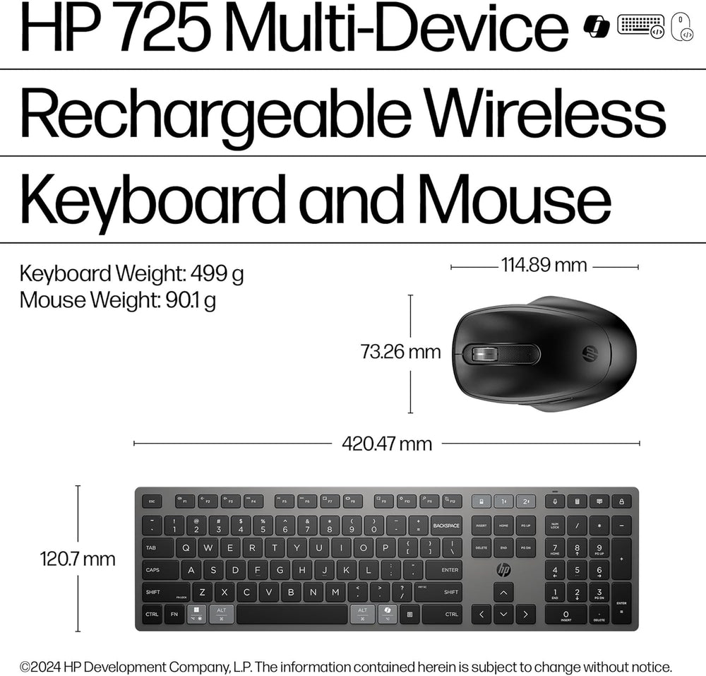 HP 720 Multi-Device Rechargeable Wireless Keyboard and Mouse Combo