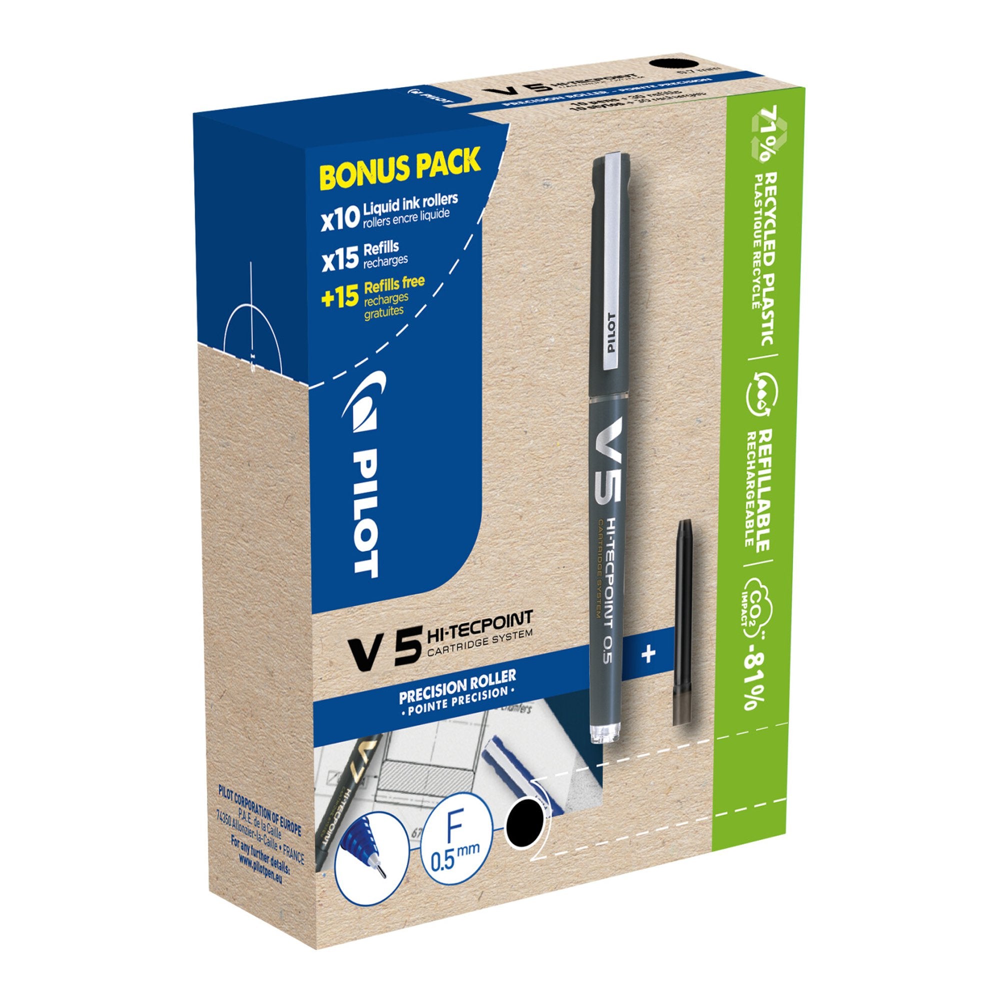 Pilot V5 Hi-Tecpoint Liquid Ink Rollerball Pen 0.5mm Tip 0.3mm Line Black Greenpack (Pack 10 + 30 Refills)  - 3131910556237