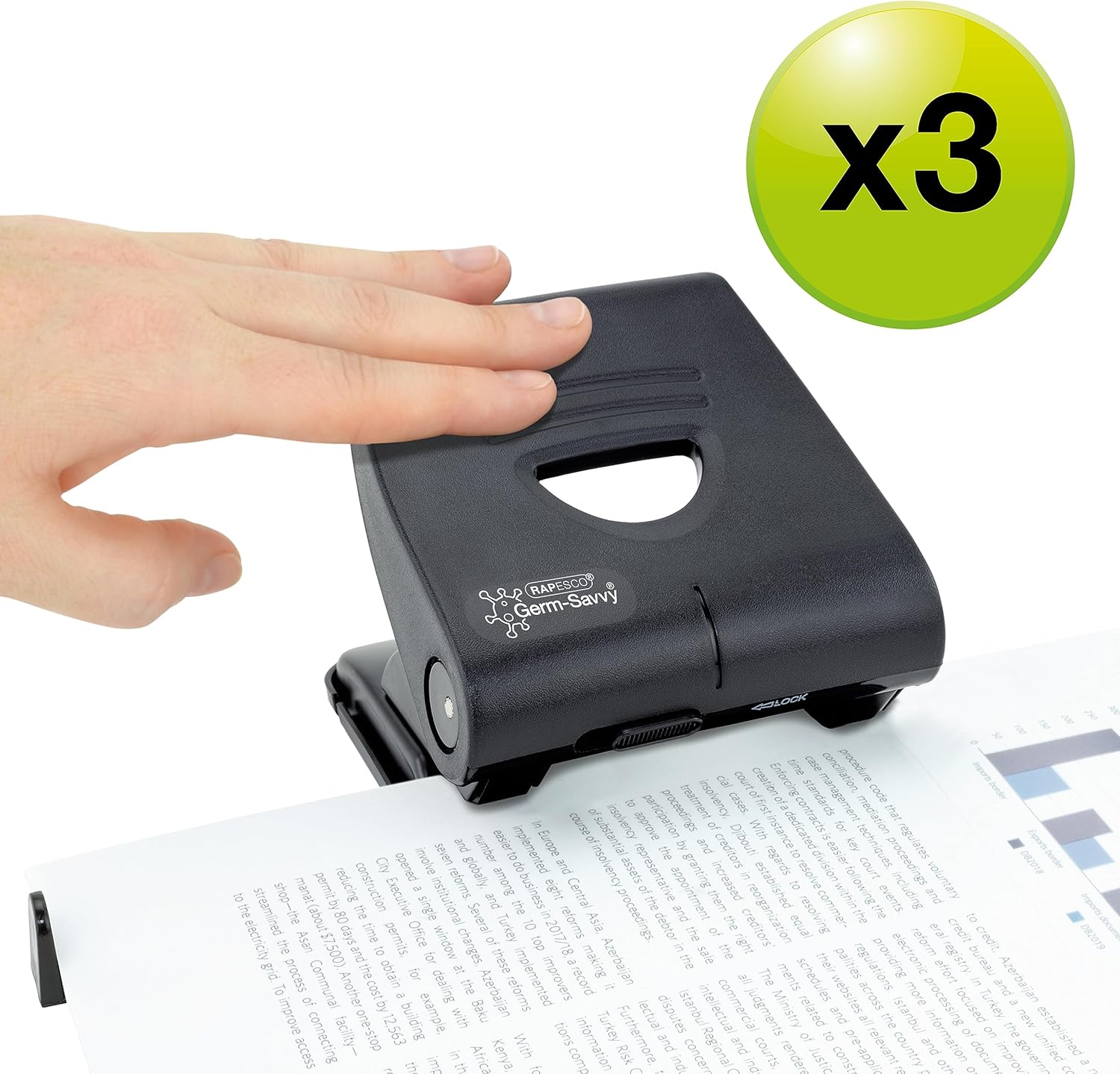 Rapesco Germ-Savvy® Antibacterial: 2-Hole Punch (30 Sheet) – Black (Pack 3)