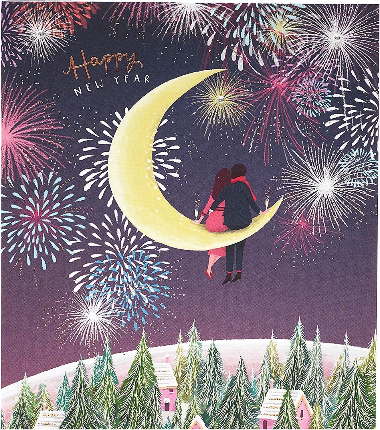 Couple Sitting On Half Moon New Year Christmas Card