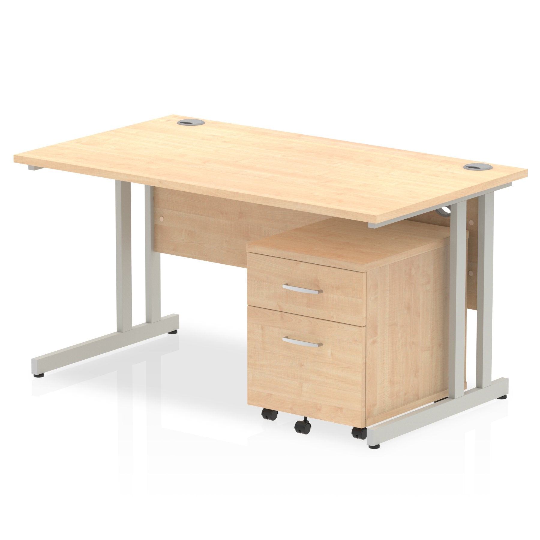 Impulse Cantilever Straight Office Desk W1400 x D800 x H730mm Maple Finish Silver Frame With 2 Drawer Mobile Pedestal - MI000963 DD