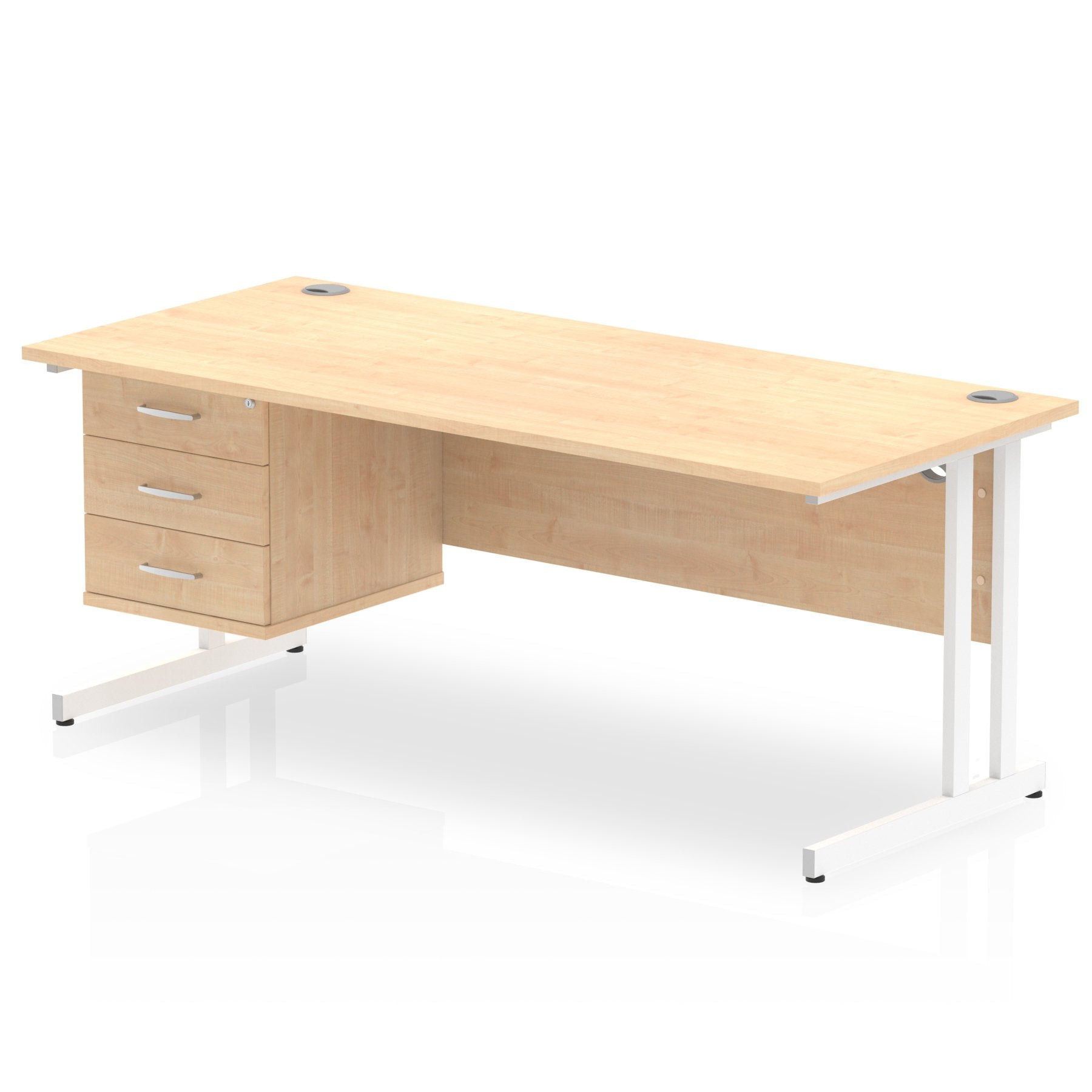 Dynamic Impulse W1800 x D800 x H730mm Straight Office Desk Cantilever Leg With 1 x 3 Drawer Single Fixed Pedestal Maple Finish White Frame - MI002446 DD