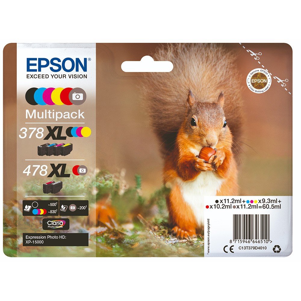 Epson 378XL/478XL Squirrel Black Grey Cyan Magenta Yellow Red High Yield Ink Multipack 2 x 11.2ml + 3 x 9.3ml + 10.2ml (Pack 6) - C13T379D4010
