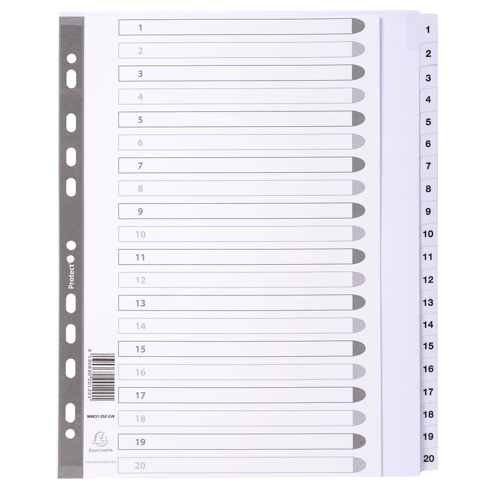 Exacompta Index 1-20 A4 Extra Wide 160gsm Card White with White Mylar Tabs - MWD1-20Z-EW