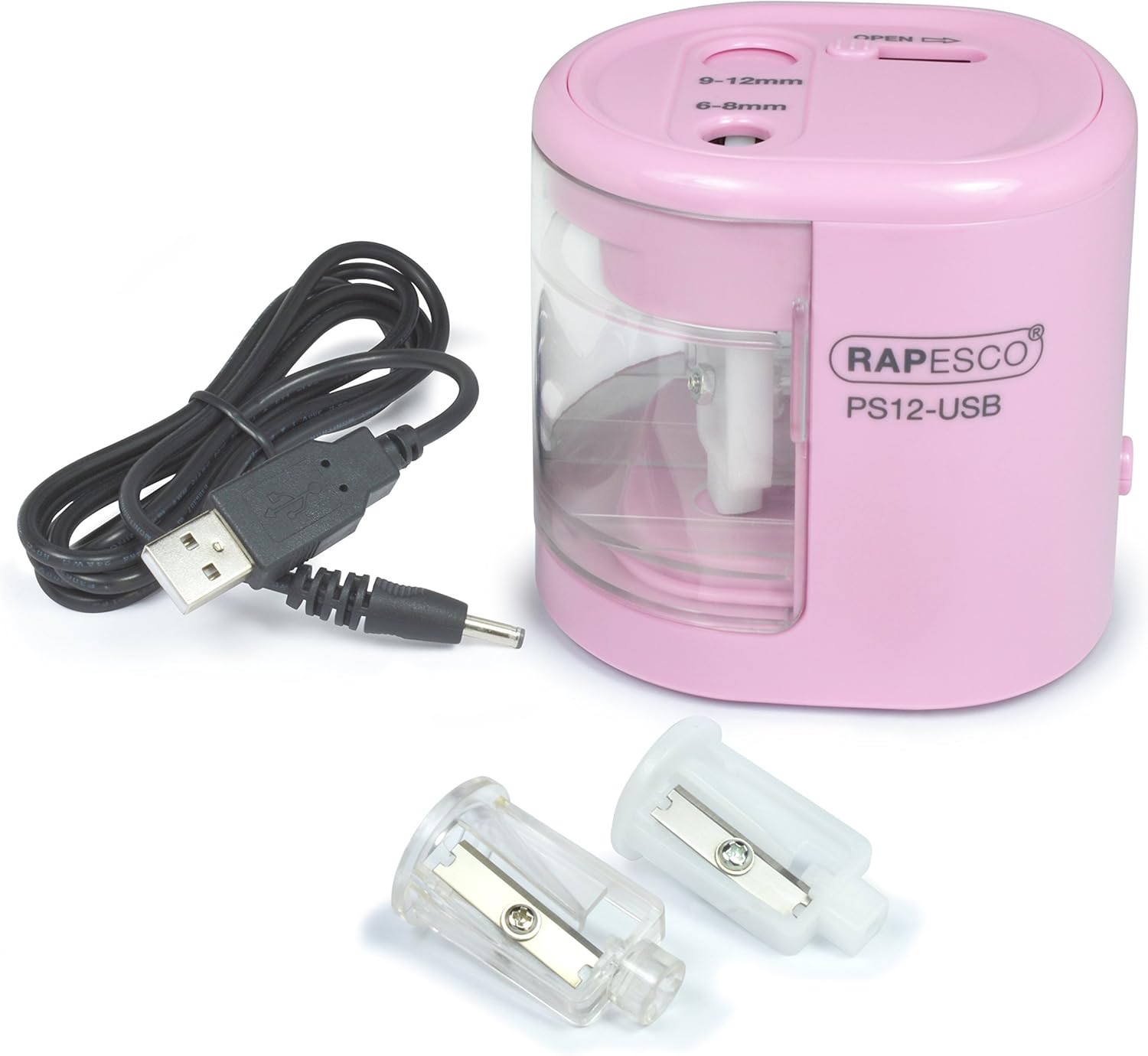 Rapesco 1446 PS12-USB Automatic/Electric Pencil Sharpener with USB or Battery (not Included) Charging, Candy Pink