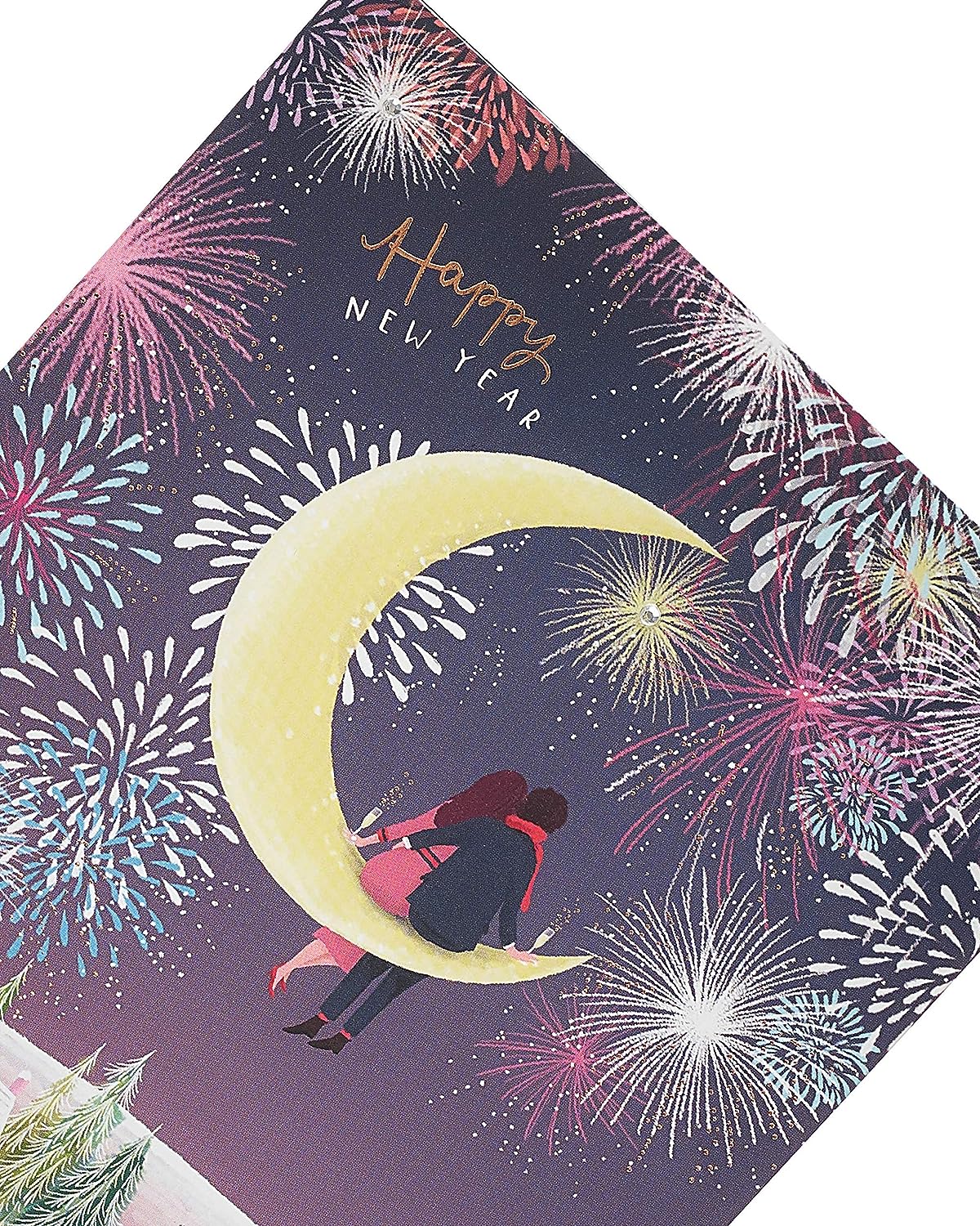 Couple Sitting On Half Moon New Year Christmas Card