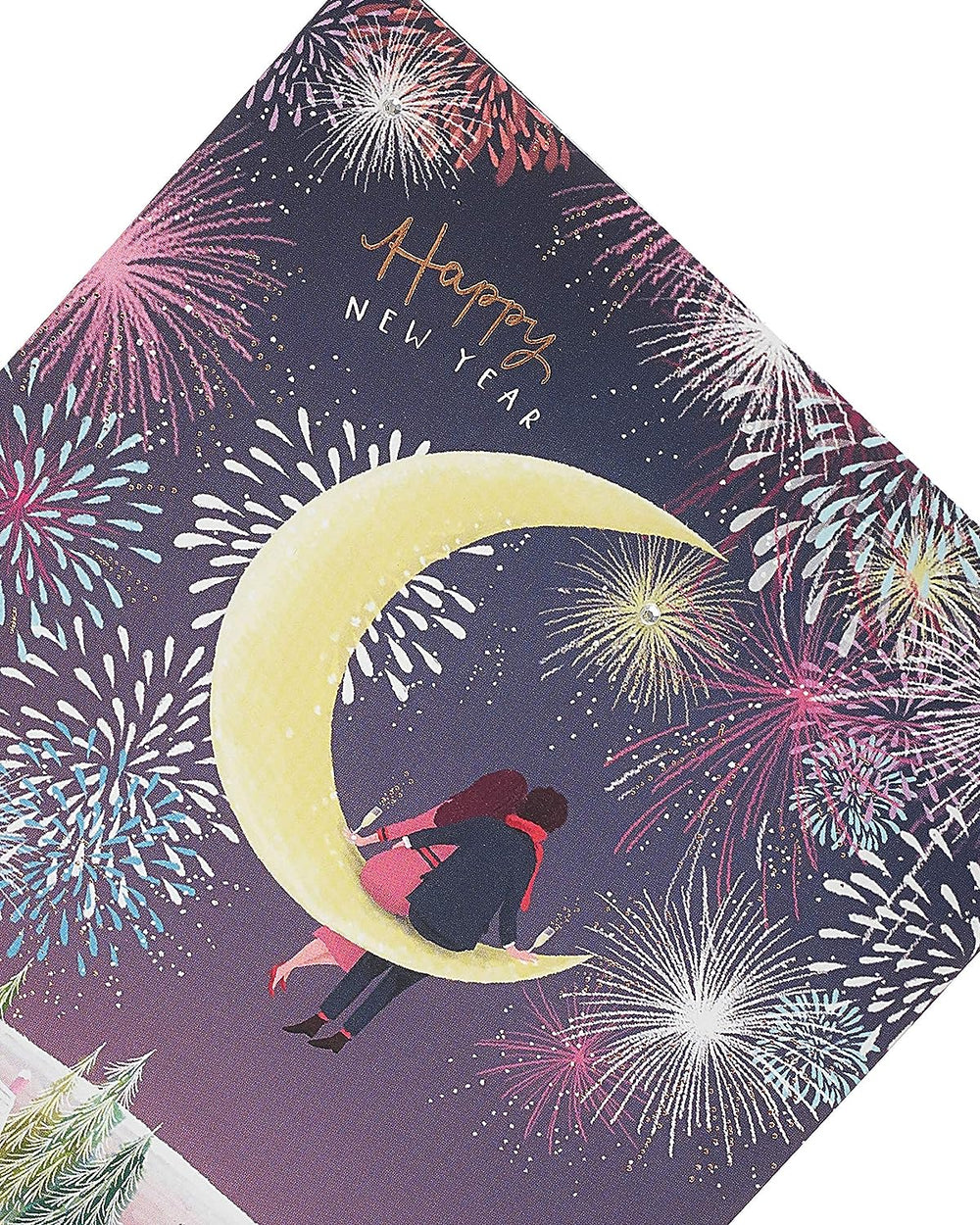 Couple Sitting On Half Moon New Year Christmas Card