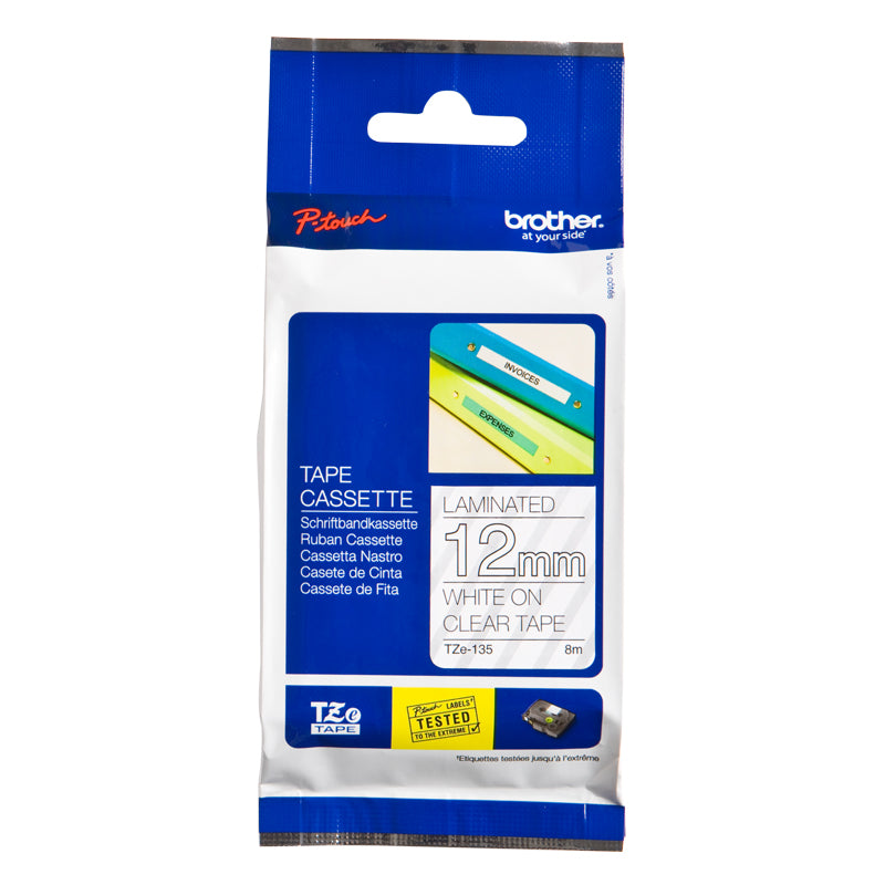 Brother White On Clear Gloss PTouch Ribbon 12mm x 8m - TZE135