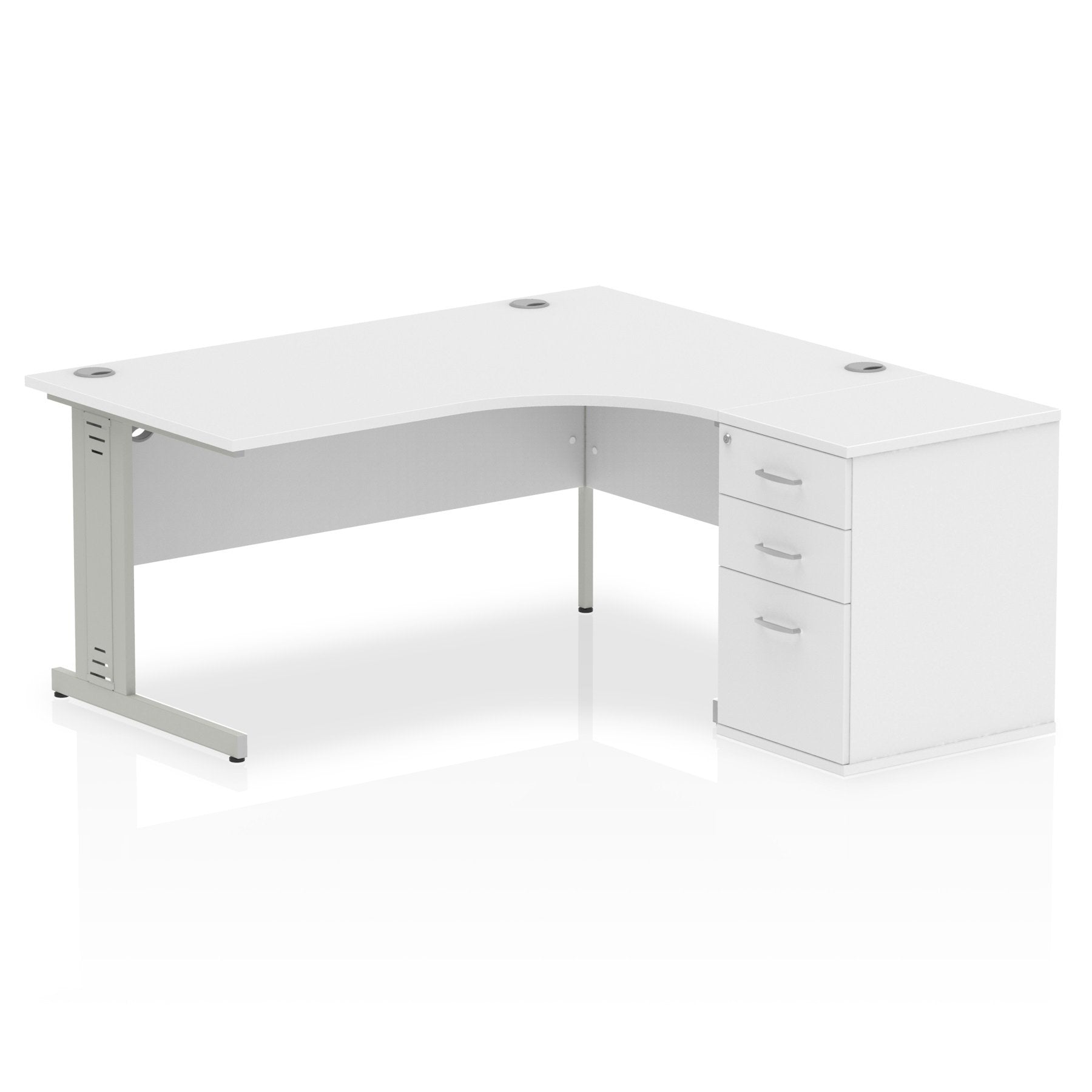Dynamic Impulse 1600mm Right Crescent Desk White Top Silver Cable Managed Leg Workstation 600mm Deep Desk High Pedestal Bundle I000646 DD