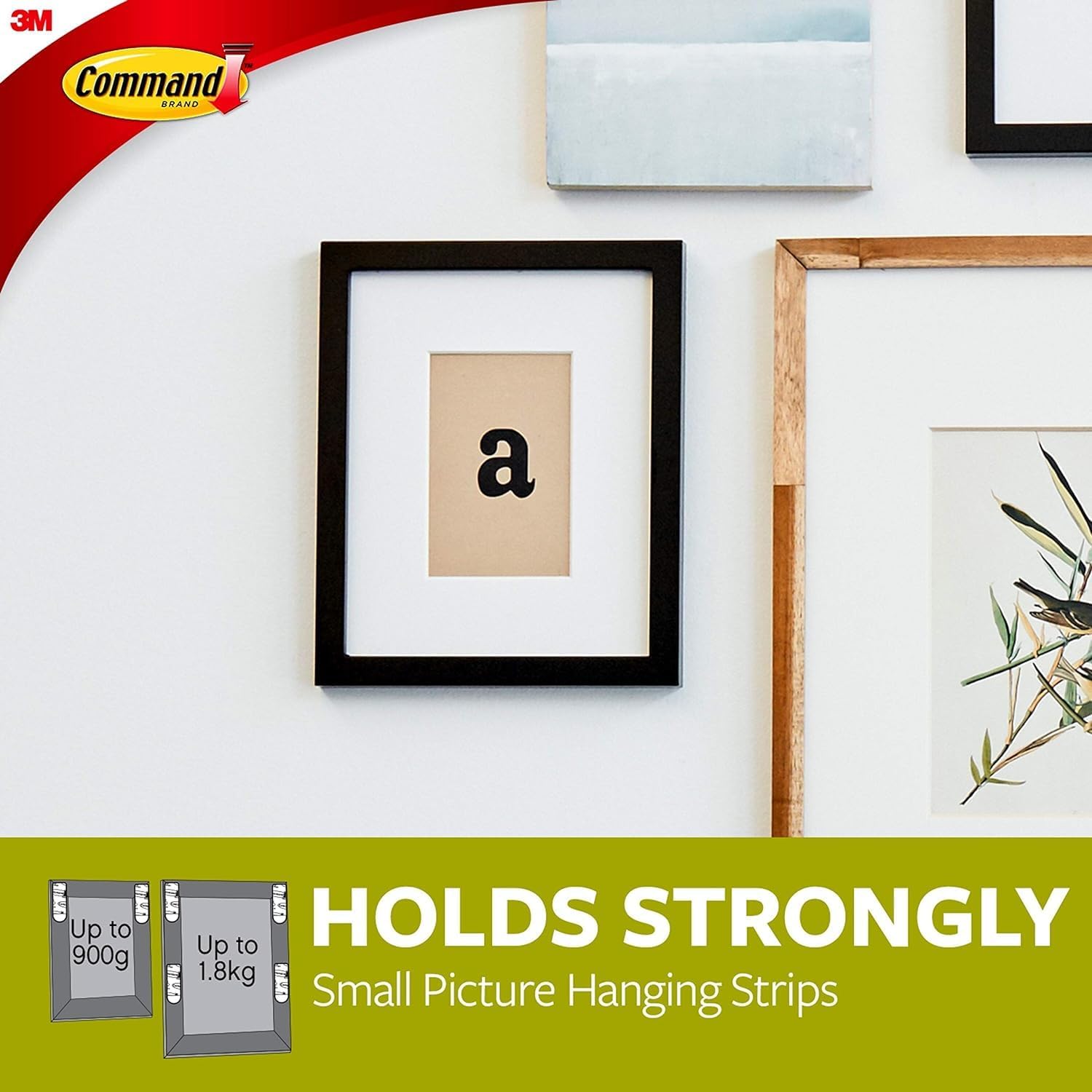 3M Command Small Picture Hanging Strips for damage-free wall mounting, shown in use on a framed photo.