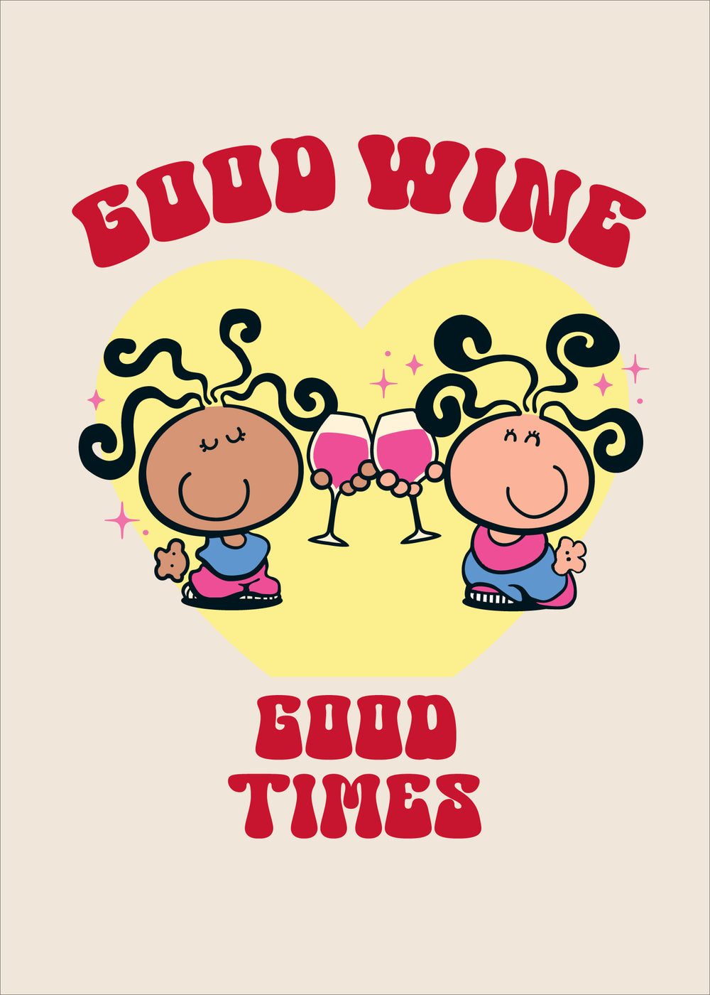 Funny greeting card featuring bubblegum, wine, and good times with playful illustrations by M N House Wholesale.