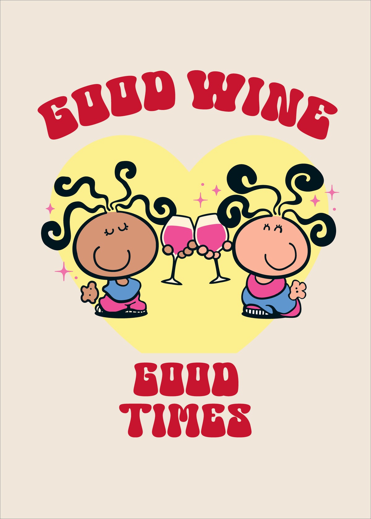 Funny greeting card featuring bubblegum, wine, and good times with playful illustrations by M N House Wholesale.