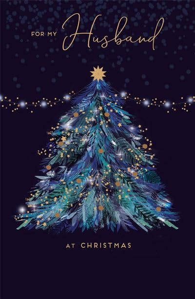 UK Greetings Husband Christmas Card - Blue Christmas Tree and Gold Stars with Foil and Embellished Details - Eco-Friendly, 228 x 148mm