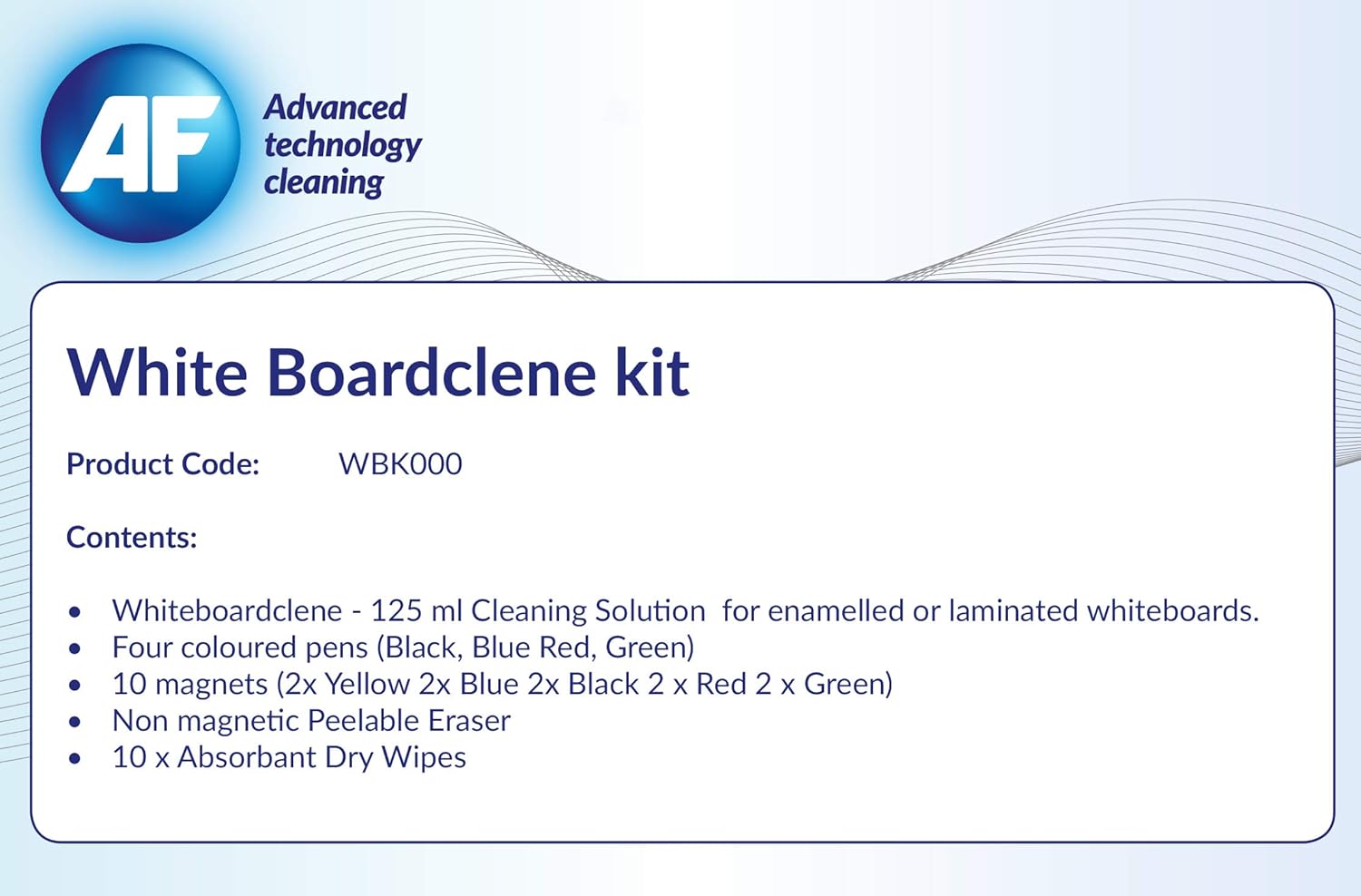 AF Complete Whiteboard Cleaning Kit - 125ml White board Cleaning Spray Solution, Magnets, Peelable Eraser, Pens and Absorbent Cloths, Ideal starter kit for all home office, classroom labs etc (WBK000)