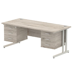 Dynamic Impulse W1800 x D800 x H730mm Straight Office Desk Cantilever Leg With 2x3 Drawer Double Fixed Pedestal Grey Oak Finish Silver Frame - I003514 DD