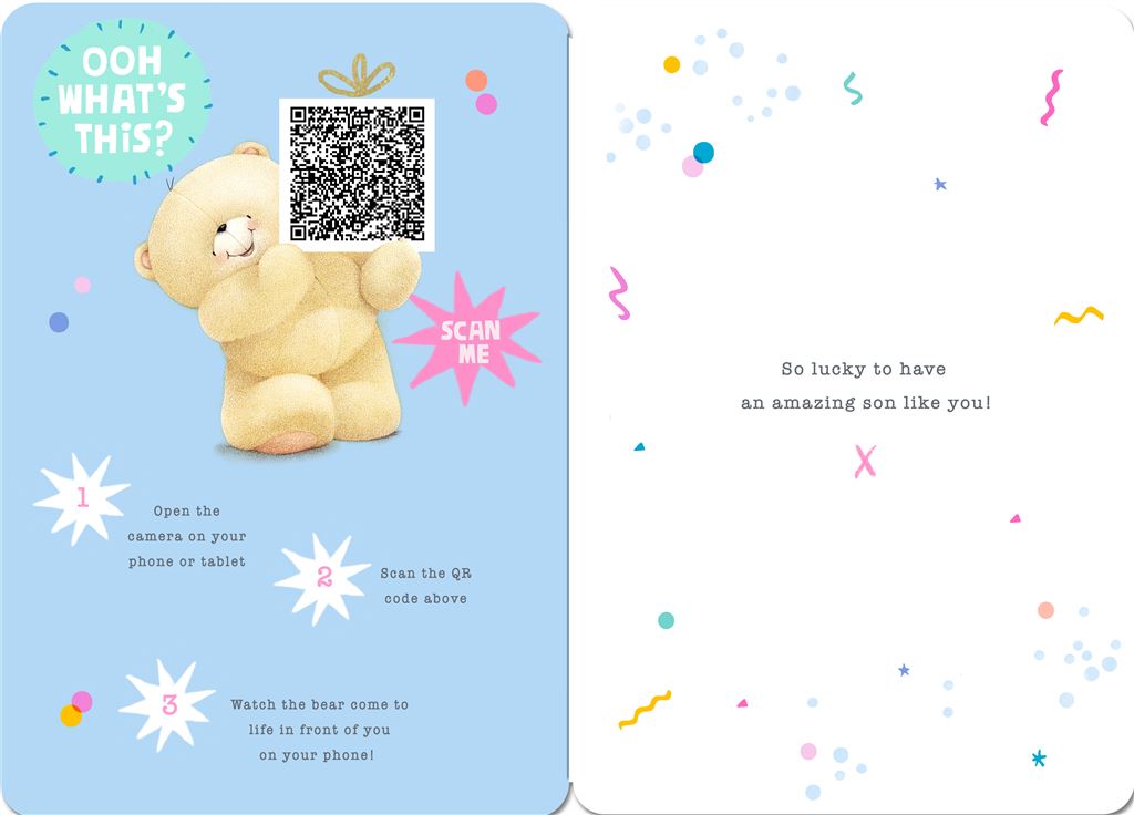 Cute Teddy Bear Birthday Card for Son – Stars, Cake & Party Hat Design