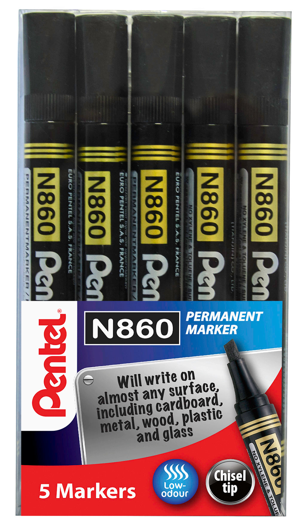 Pentel N860 Permanent Marker Chisel Tip 1.8 - 4.5mm Line Black (Pack 5) YN860/5-A