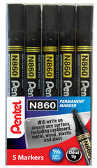 Pentel N860 Permanent Marker Chisel Tip 1.8 - 4.5mm Line Black (Pack 5) YN860/5-A
