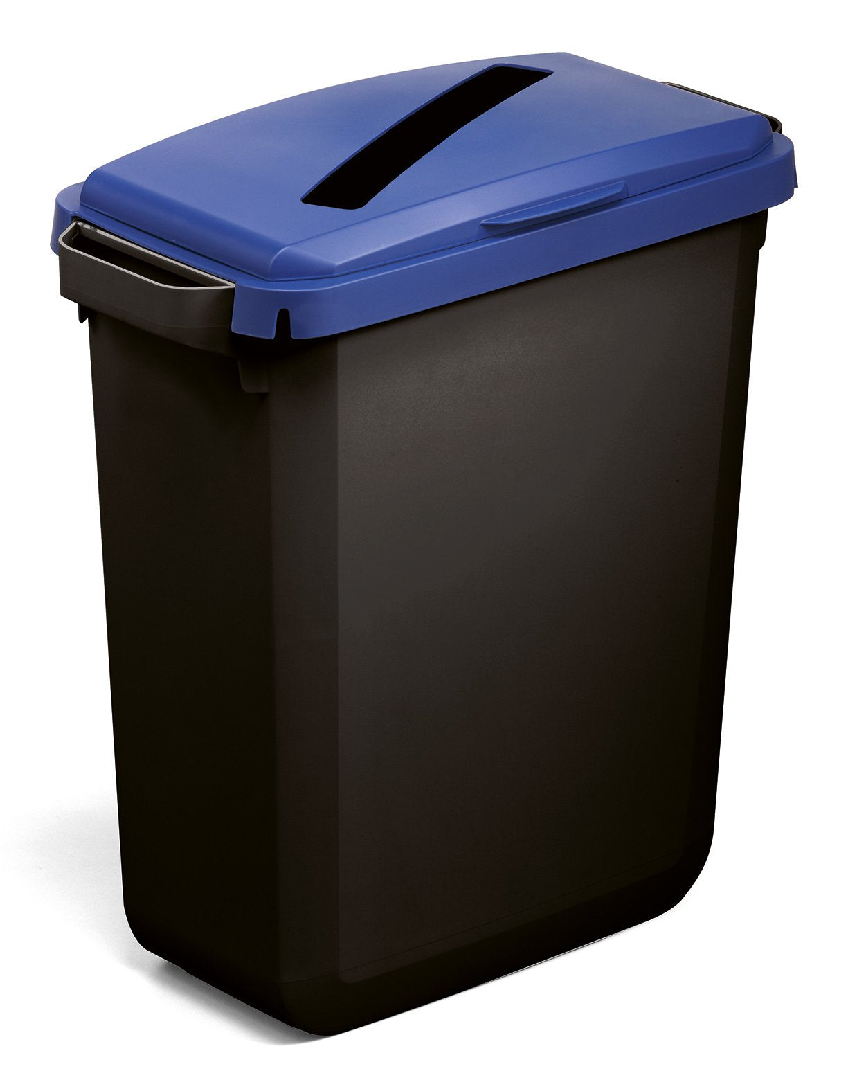 Durable DURABIN ECO 80% Recycled Plastic Waste Recycling Bin 60 Litre Rectangular Black with Blue Hinged Lid with Rectangular Slot - VEH2023027 DD