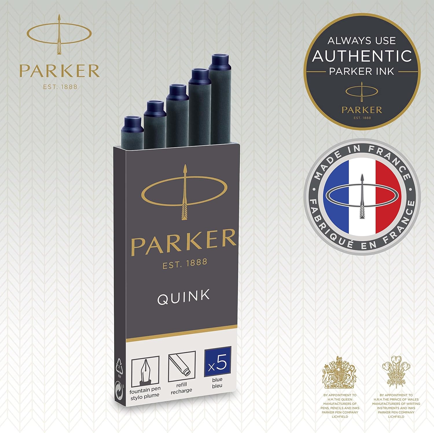 Parker Fountain Pen Ink Refill Cartridges | Long | Blue QUINK Ink | 5 Count