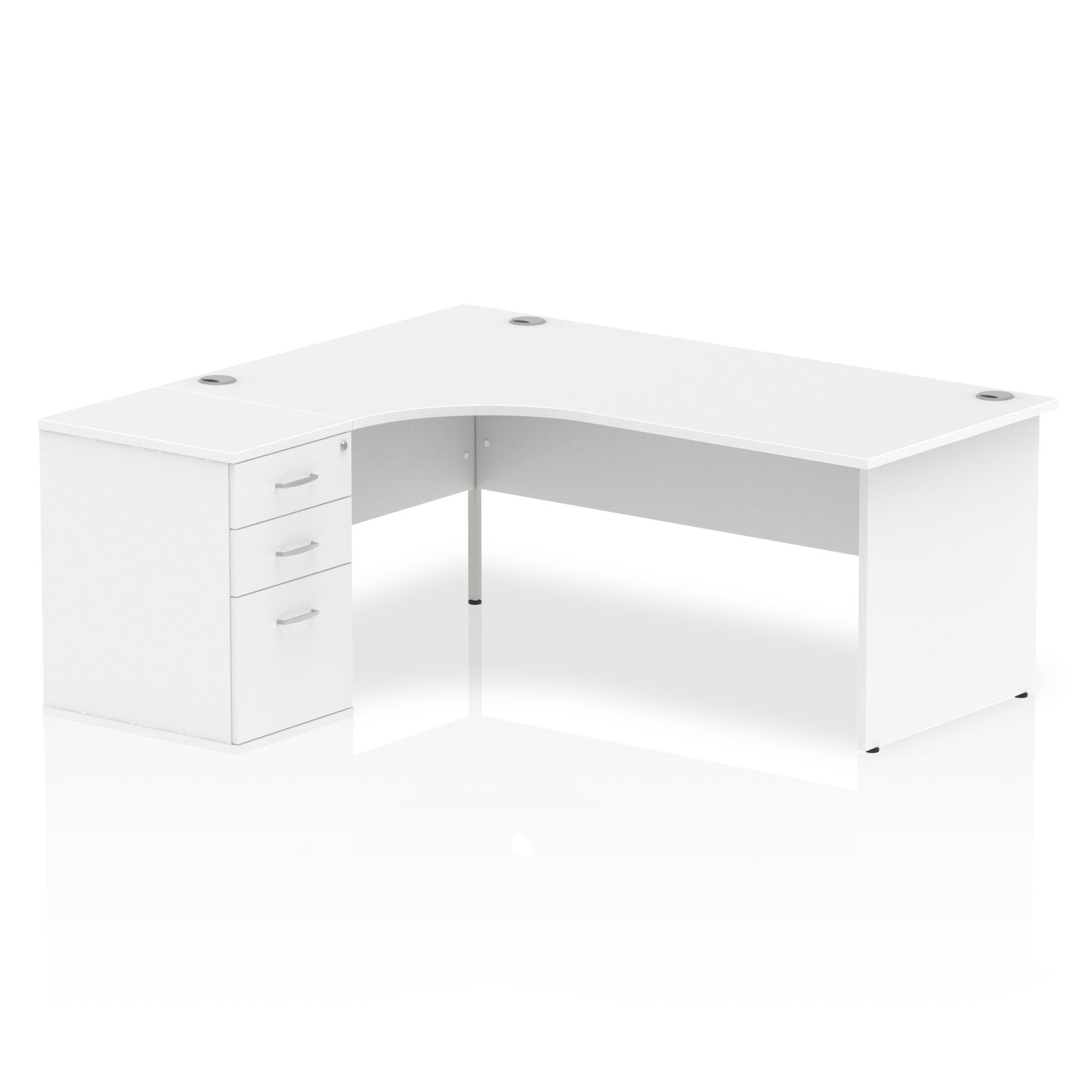 Dynamic Impulse 1800mm Left Crescent Desk White Top Panel End Leg Workstation 600mm Deep Desk High Pedestal Bundle I000590 DD