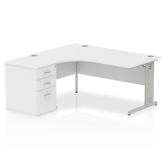 Dynamic Impulse 1600mm Left Crescent Desk White Top Silver Cable Managed Leg Workstation 600mm Deep Desk High Pedestal Bundle I000634 DD