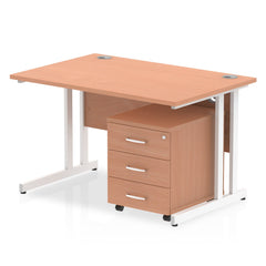Impulse Cantilever Straight Office Desk W1200 x D800 x H730mm Beech Finish White Frame With 3 Drawer Mobile Pedestal - I003935 DD