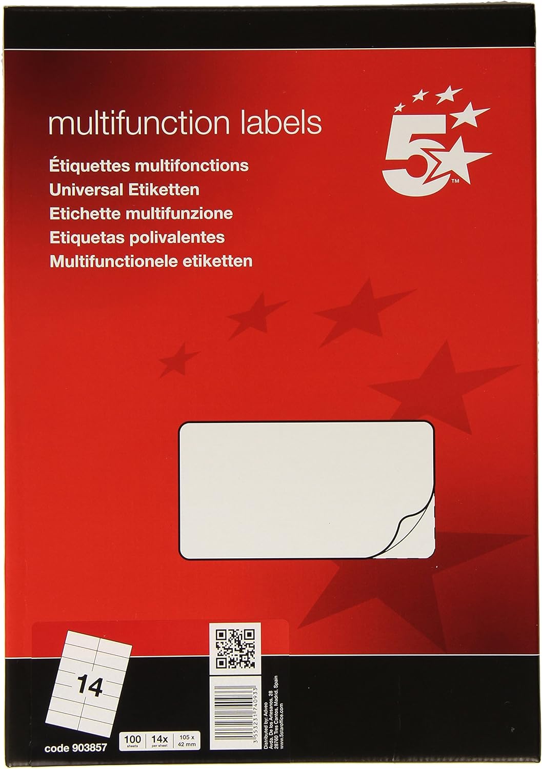 5 Star Office multipurpose adhesive labels for laser and inkjet printers, 14 per sheet, white, 105 x 42mm, 1400 labels.