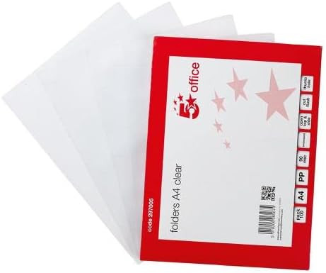 Pack of 100 5 Star clear A4 document sleeves with thumb hole, 90 micron thickness, ideal for office and bulk storage.