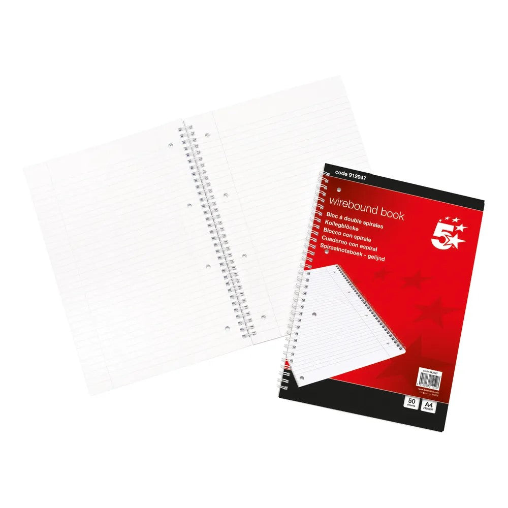 Pack of 10 5 Star wirebound notebooks with 70gsm ruled, margin, perforated sheets in A4 size for note-taking and writing.