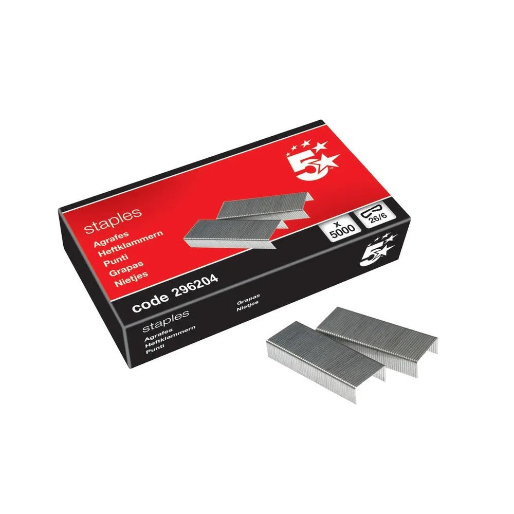 5 Star Office Staples 26/6 pack of 5000, standard metal staples for office use, designed for reliable fastening.