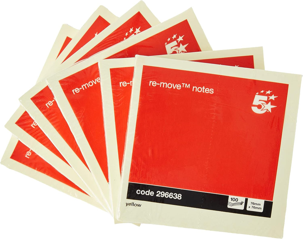 Yellow 5 Star Office Re-Move Notes, repositionable pads of 100 sheets, 76x76mm, shown in pack of 12.