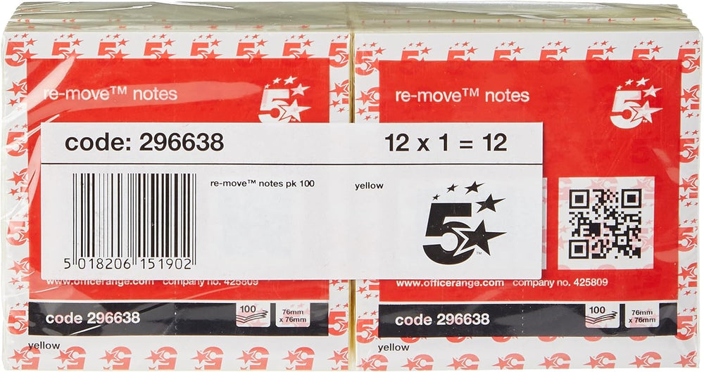 Yellow 5 Star Office Re-Move Notes, 76x76mm repositionable sticky notes, pack of 12 pads with 100 sheets each.