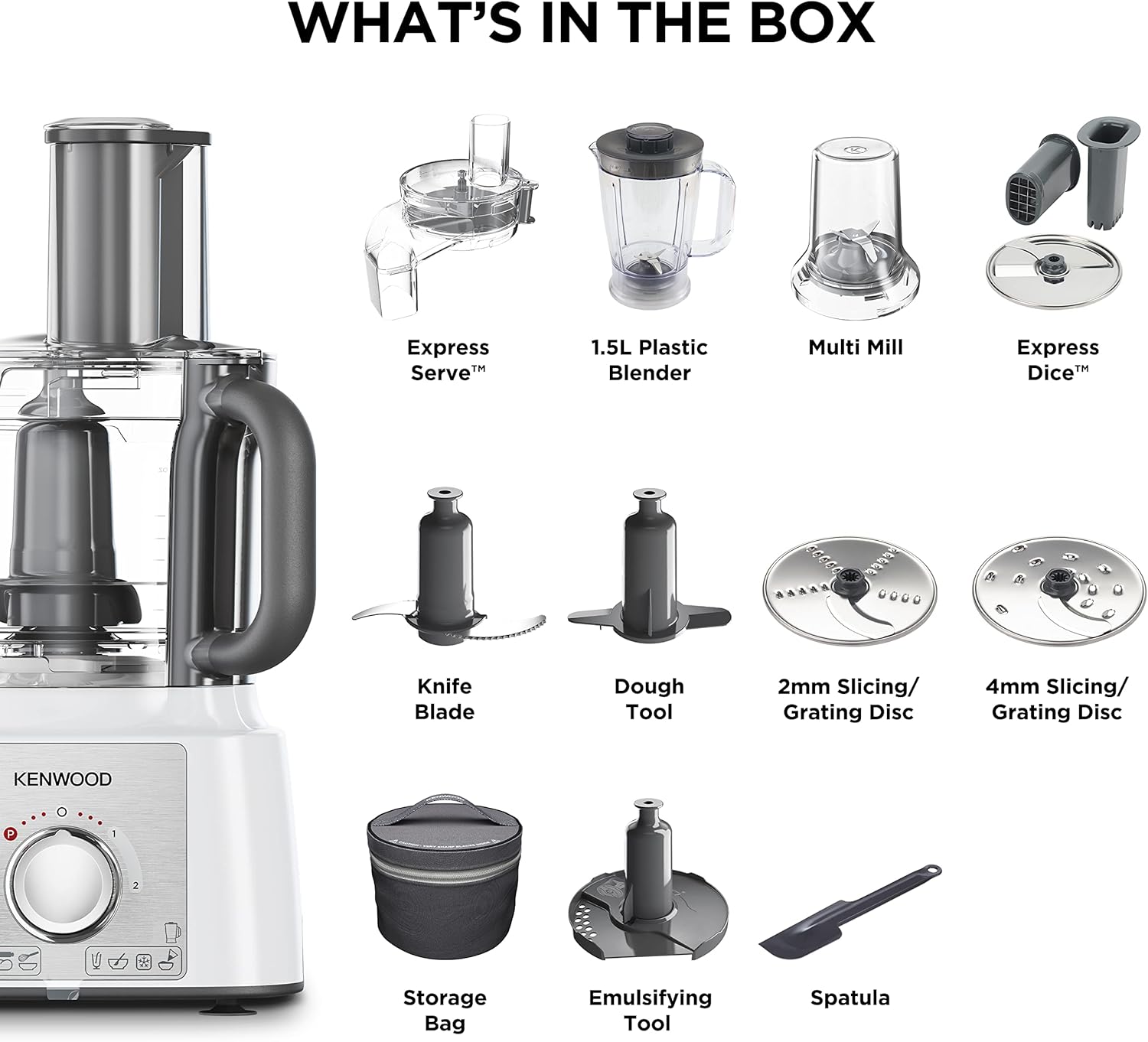 Kenwood FDP65.860WH food processor with 9 attachments. Express Serve and Dice, 1.5L Jug blender and mini chopper, White