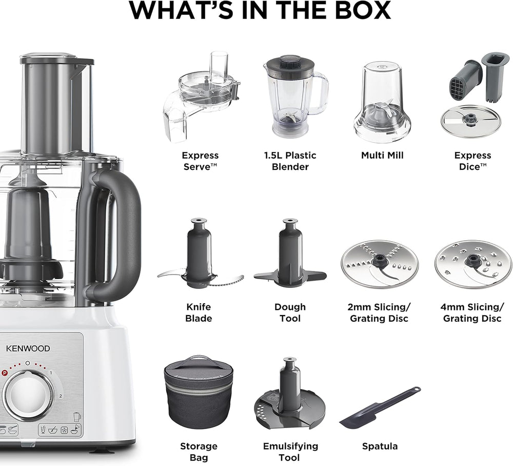 Kenwood FDP65.860WH food processor with 9 attachments. Express Serve and Dice, 1.5L Jug blender and mini chopper, White